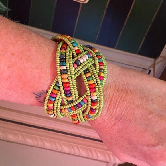 Multi Color Glass Bead & Wooden Beaded Cuff Bracelet
Adjustable - Picture 2 of 5